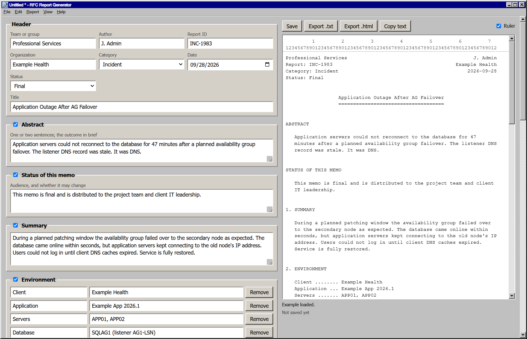RFC Report Generator: the report form on the left and the 72-column plain-text preview on the right, in a Windows 95 style window.